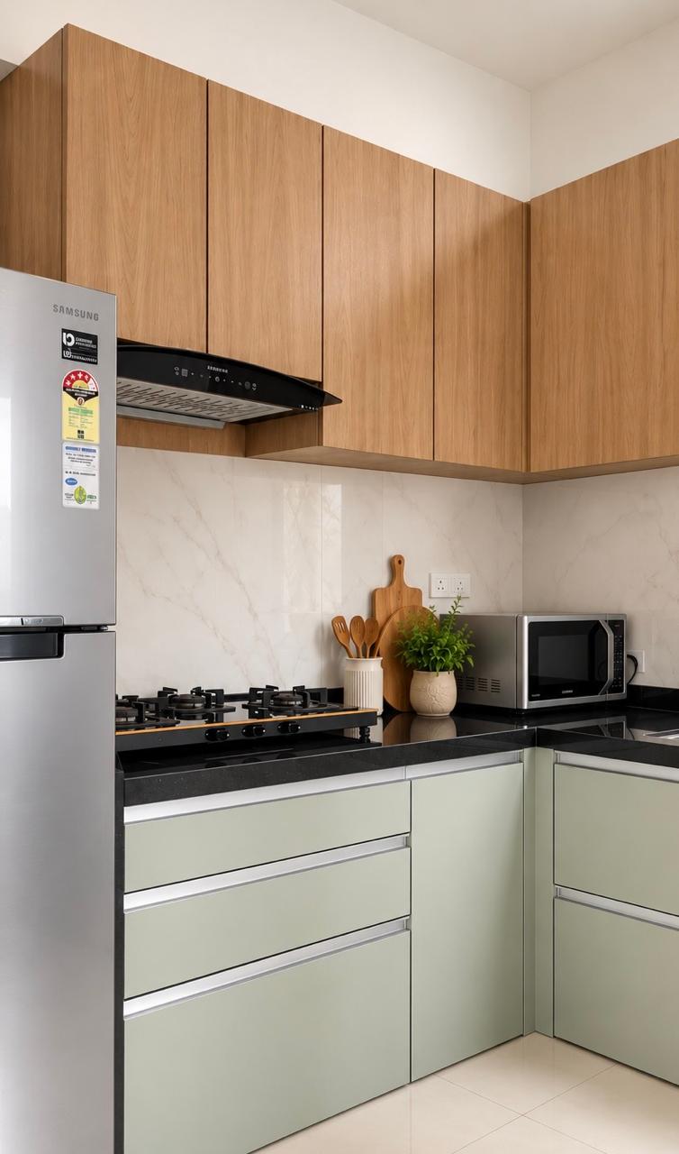 Kitchen corner showing appliance placement and countertops